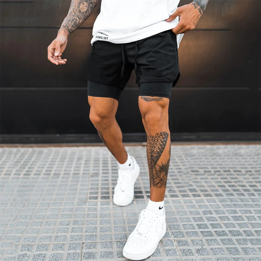 Men Gyms Workout Male Breathable 2 In 1 Double-deck Quick Dry Sportswear Jogger Beach Shorts Men Fitness Bodybuilding Shorts