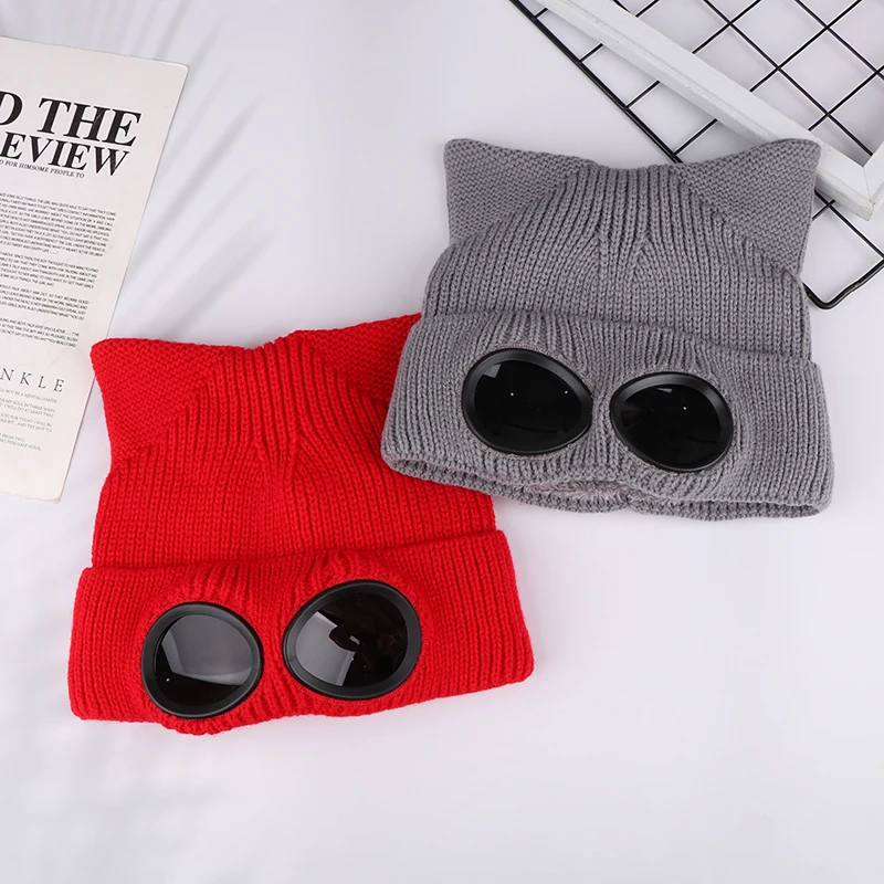 Fall Winter Beanies Knitted Hat Cute Cat Ear Hat Warm For Women With Sunglasses Windproof Couples Cap