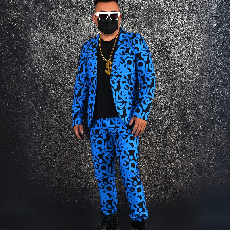 

Men's Blue Letter Printed Suit Set Korean Slim Fitting Blazer Pants 2 Piece Suits Personality Nightclub Bar Singer Stage Costume