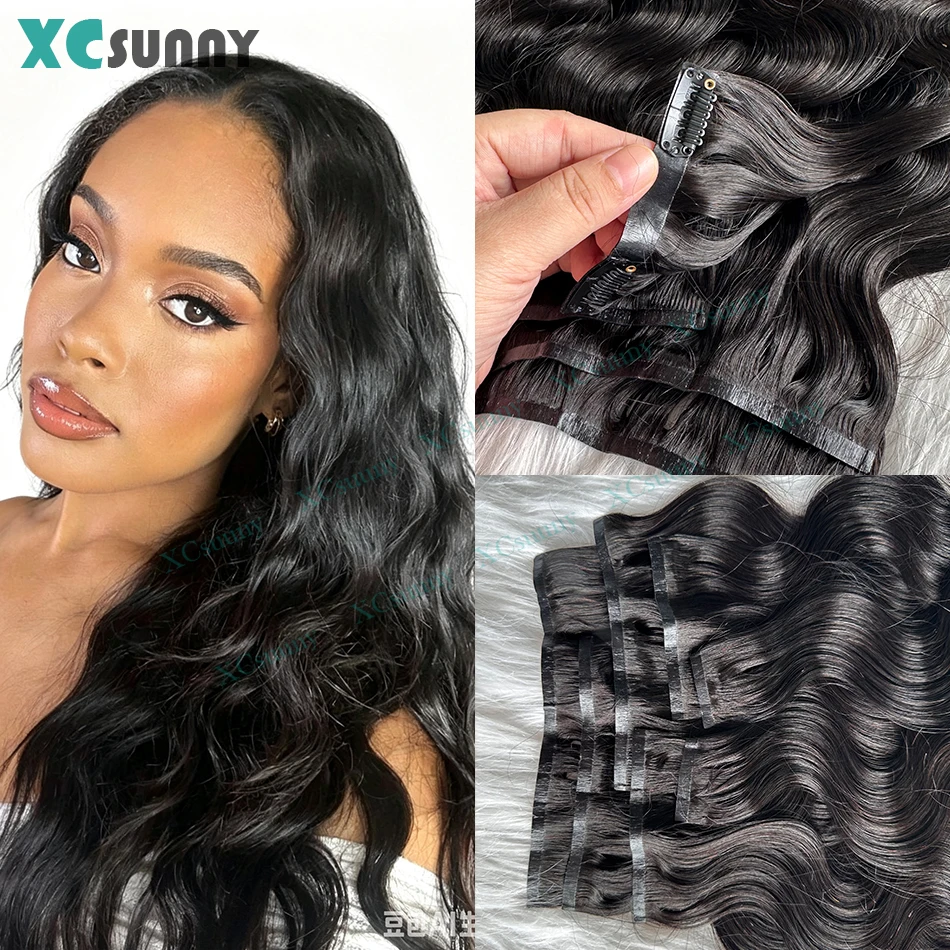 Seamless PU Clip Ins Hair Extensions Human Body Wave Double Drawn PU Skin Weft Clip Hair Extensions 100g 120g For Black Women 3