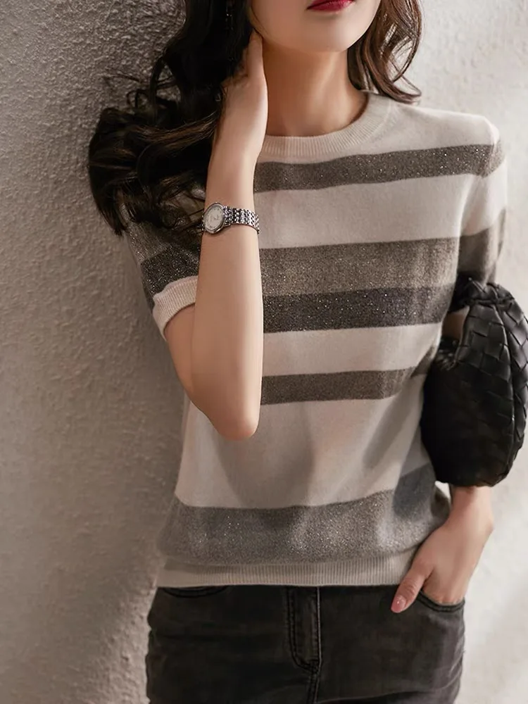 Women's Spring/summer 2022 Loose half Sleeve Striped ice knitted shirt with round collar and short sleeve