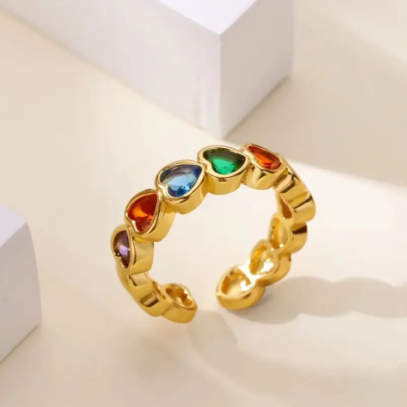 Colorful Rainbow Zircon Heart Rings For Women