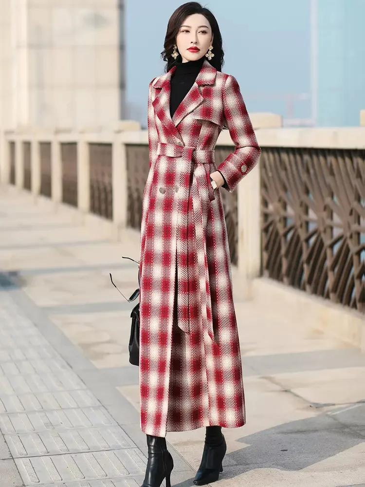 New Women Autumn Winter Plaid Woolen Overcoat Elegant Fashion Suit Collar Double Breasted Overlength Coat Wool Blended Outerwear