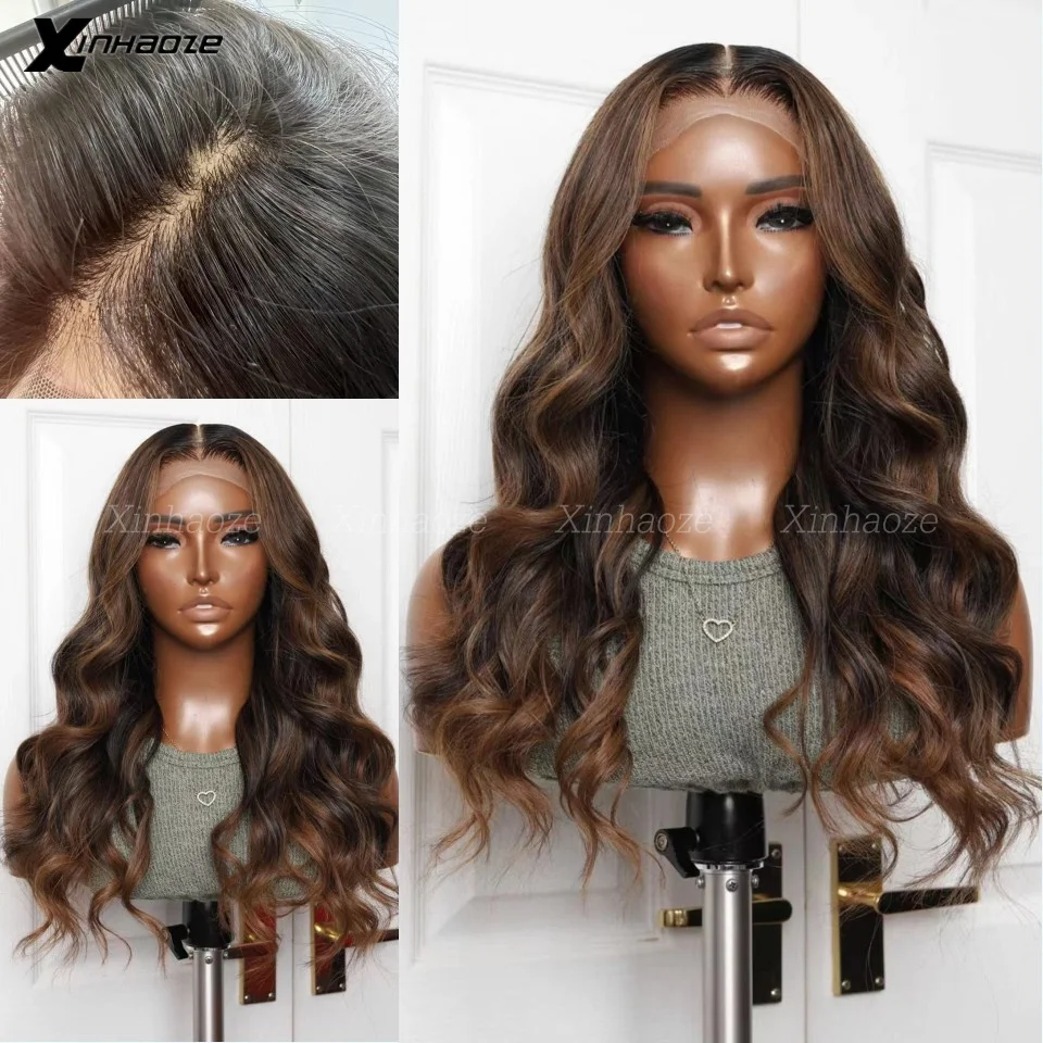 

Transparent 13x4 13x6 Lace Frontal Body Wave Human Hair Wigs Brown Stripe Highlights 5x5 Closure Lace Wig Pre Plucked for Women