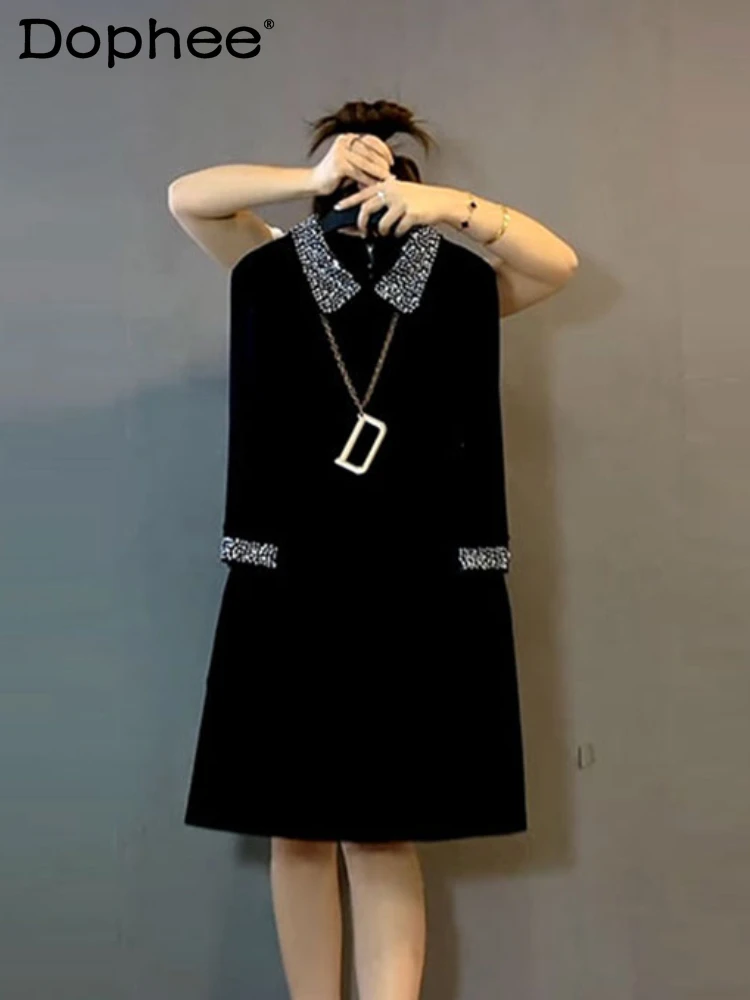 

Polo Collar Patchwork Hot Drilling Long Sleeve Temperament Comment Dress Women Spring Autumn Black High Waist A- Line Dress