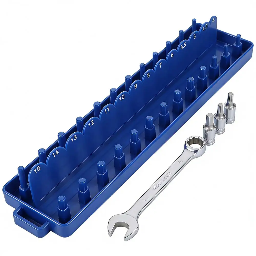 Blue Plastic Socket Organizer Tray - Durable 1/4 Inch Wrench Holder with Practical Design