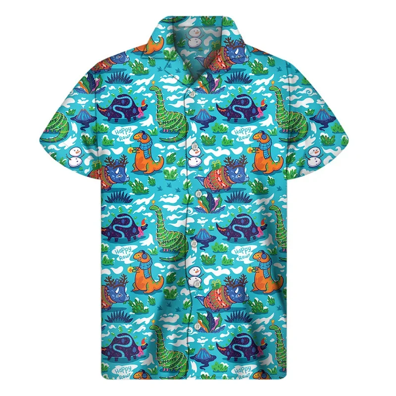 Camisas hawaianas con estampado de dinosaurios para hombre, camisa de verano con solapa y estampado 3D de animales, blusa holgada de manga corta con botones para la calle