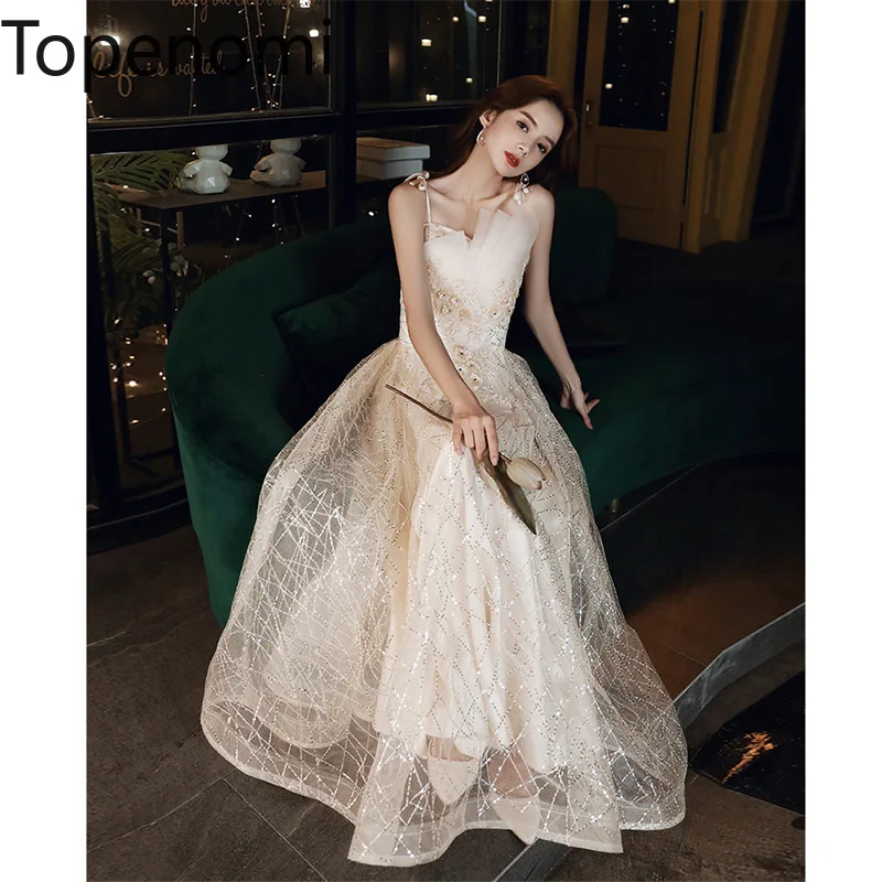 

Topenomi Evening Dress Female 2024 New Banquet Temperament Sequins Tulle Suspender Formal Party Gown Sexy Elegant Prom Dresses