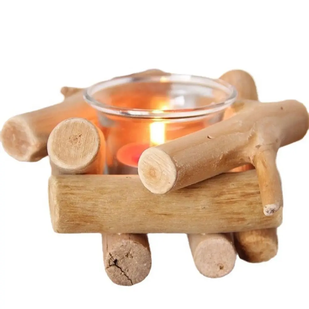 

Wooden Candle Holder with Glass Rustic Coastal Style Vintage Tea Light Candle Holder Handmade Creative Candle Stand Home Decor