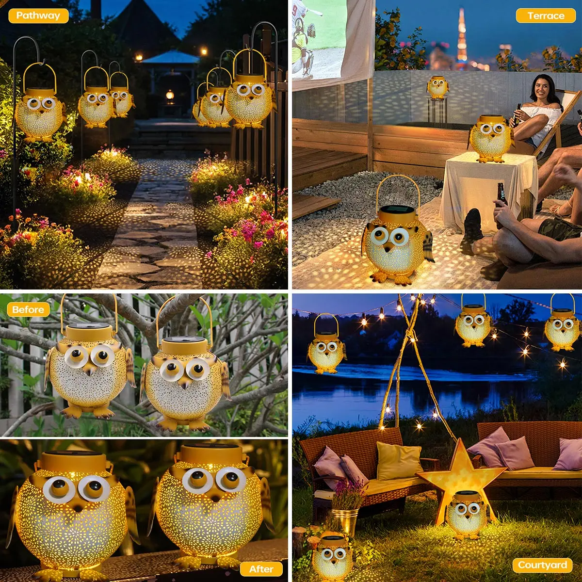 Owl Solar Lanterns Outdoor Waterproof Hanging Solar Lights Owl Gifts for Women Men Metal Decorative LED Owl Lanterns for Garden 6