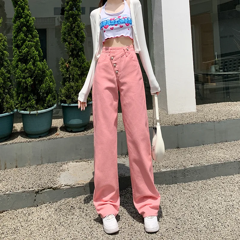 Summer Pink Chic Ripped Jeans Women High Waist Multi-Button Wide Leg Pants Solid Colors Casual Commute Trousers Black Streetwear