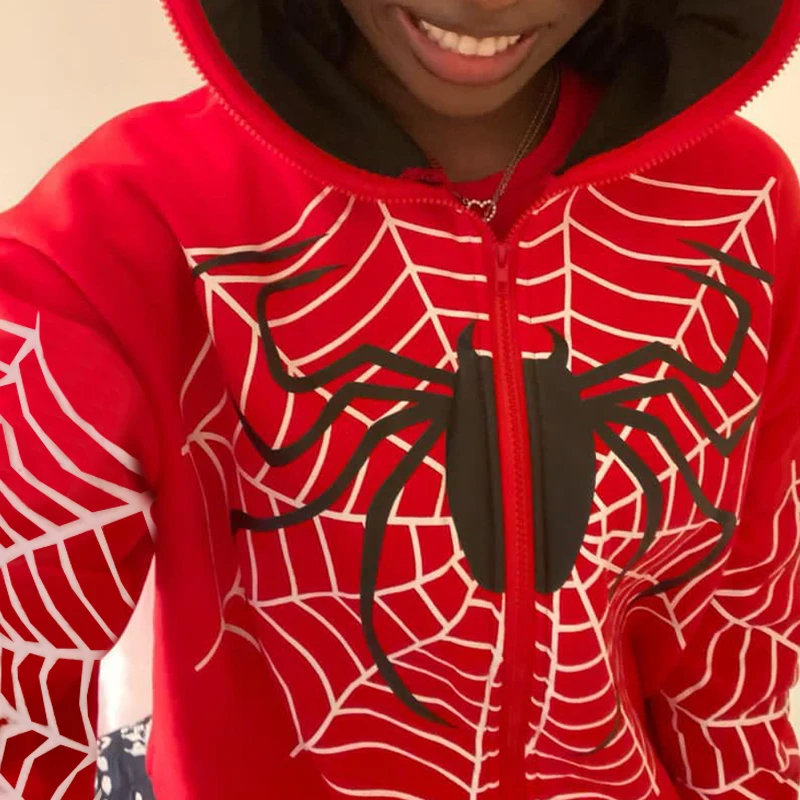 

Retro American Women's New Loose Printing Jacket Tide Red Spider Long Sleeve Y2K Zip Up Gothic Punk Fashion Casual Sweatshirts