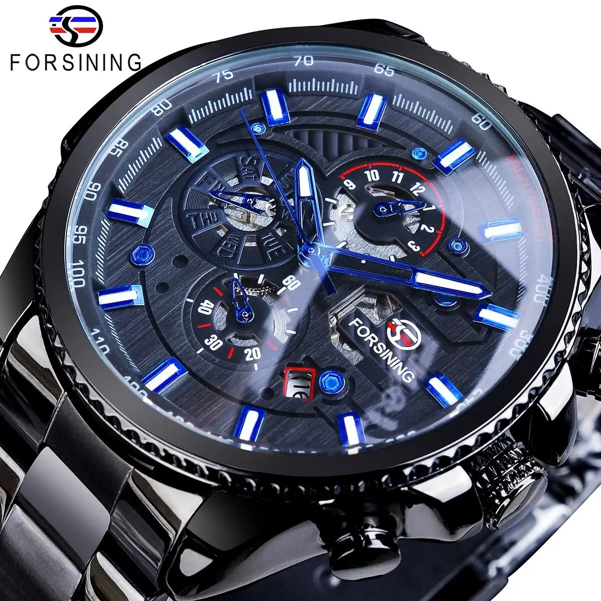 Forsining Orologio da polso meccanico impermeabile da uomo con 3 quadranti, stile sportivo, automatico, da uomo, per esterni, in acciaio, con calendario nero._voghion.com