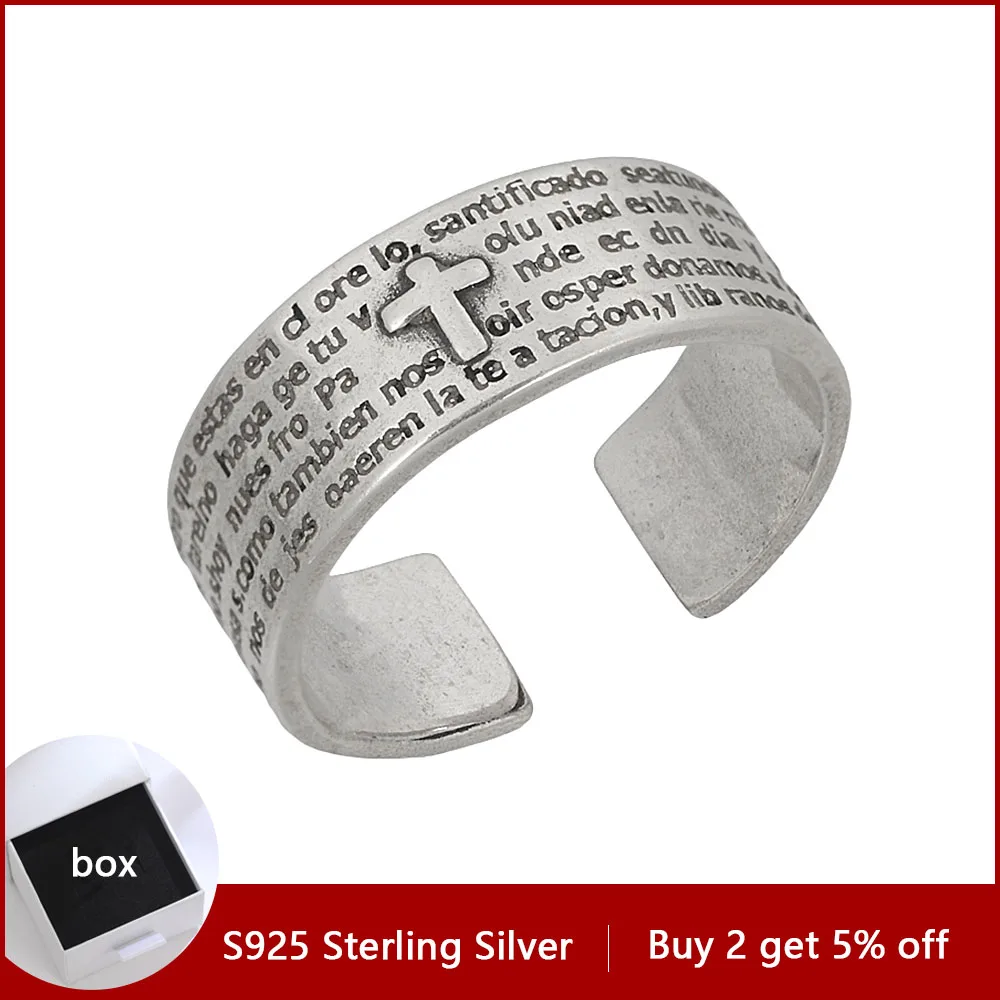 

HOYON S925 Sterling Silver Aggressive Men's Ring Hip Hop Cross and Letter Printed Neutral Ring Jewelry Couple Accessories Gift