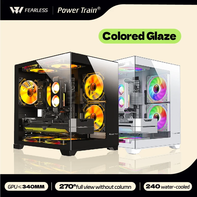 Power Train Coloured Glaze PC Case – 270° Full-View Tempered Glass Gaming Chassis, Supports 240 mm Water Cooling