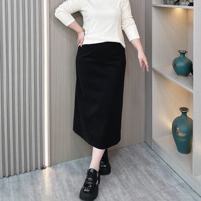 Woolen Skirt Female Fall New Plus Size High Waist A-Line Slit Wrap Hip Long Skirt 9281