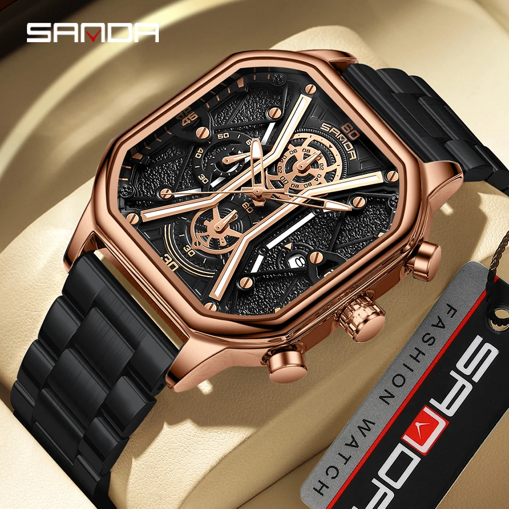 SANDA 2023 Luxury Watch Business Waterproof Male Clock Luminous Date Stainless Steel Square Quartz Men Wristwatches Reloj Hombre