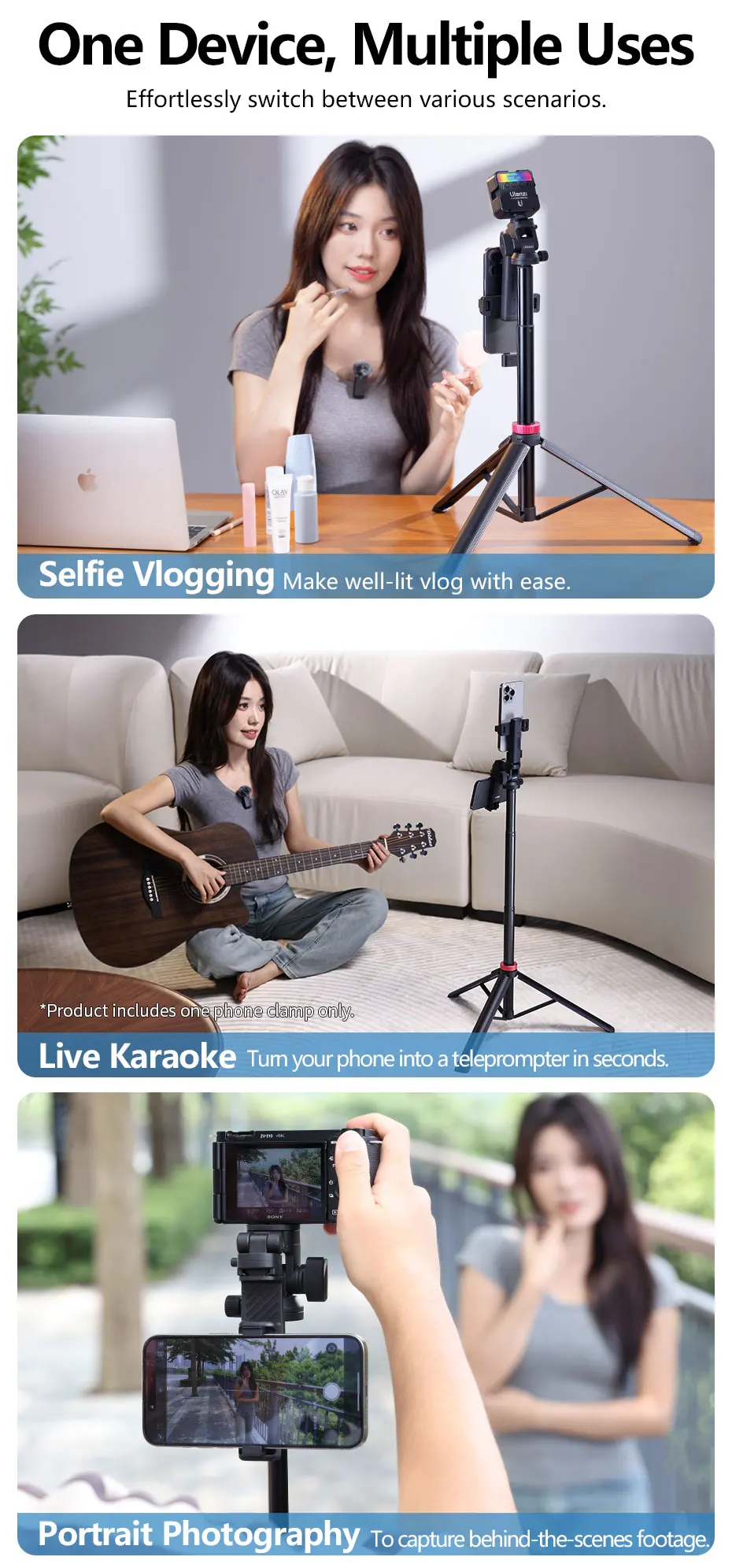 MT-78 1.85M Quick Release Tripod with Remote Phone Holder Cold Shoe Mount 1/4''