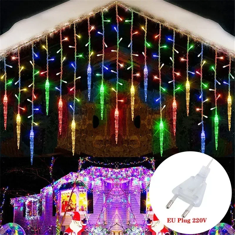 Guirnalda de luces LED con forma de copo de nieve para decoración navideña, 8 modos, enchufe europeo, para jardín, Año Nuevo 2025