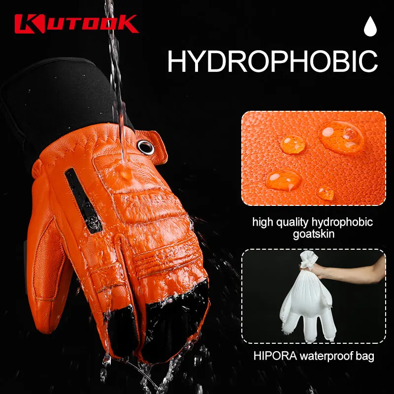 KUTOOK Winter Ski Gloves Goatskin Leather Mittens 3M Thinsulate Snowboard Gloves Thermal Warm Skiing Gloves Waterproof Men Women 2