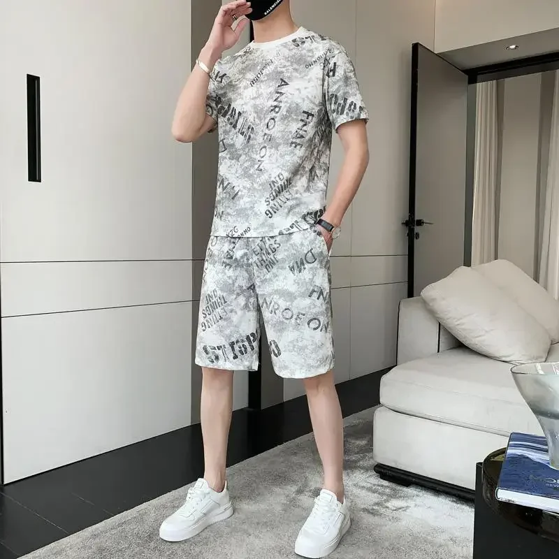 thumbnail image 1 of Conjuntos de pantalones Camiseta lisa para hombre Trajes deportivos grises Pantalones deportivos Top Chándal con alfabeto Ropa para hombre Estilo coreano 5xl Elástico, 1 of 5