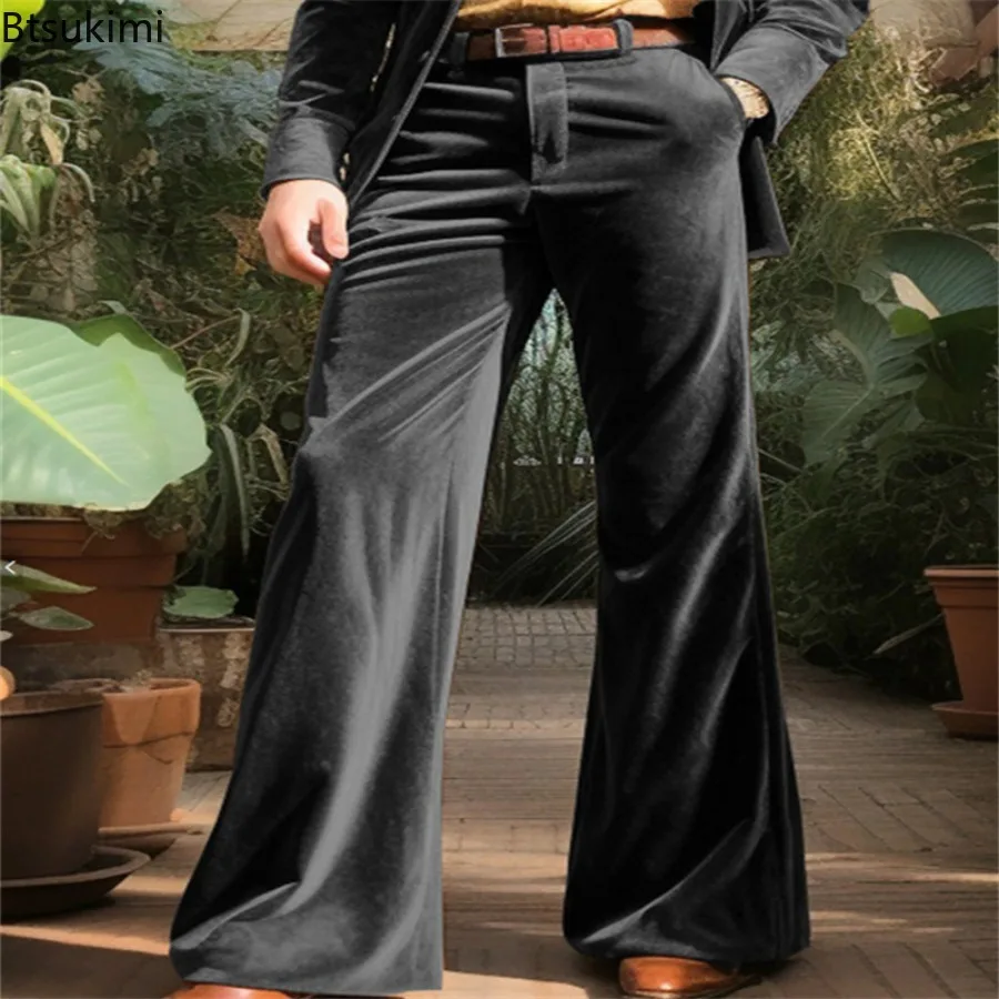 Fashion New Men's Velvet Flared Pants Vintage Solid Color Wide Leg Pants Casual Vacation Formal Suit Male Streetwear