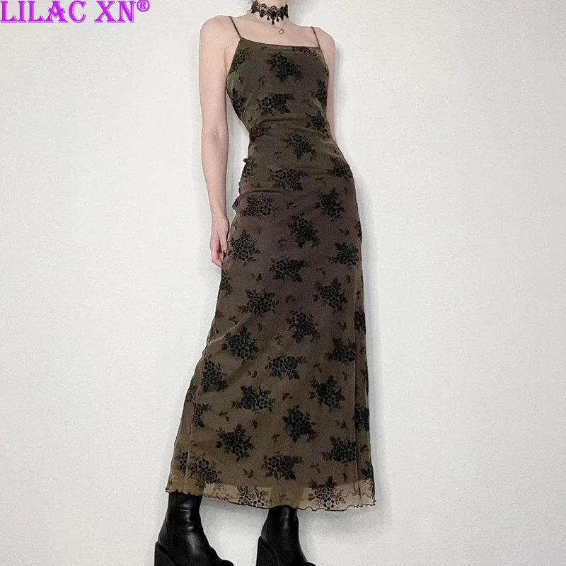 

Sexy Elegant Floral Print Lace Mesh Maxi Dresses for Women Y2K Goth Vintage Bodycon Long Slip Dress Grunge Fairycore Party Dress