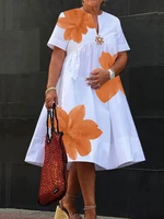 Modigirl Women's Summer New Dress 2025 V-Neck Pleated Short Sleeves White Loose Flower Print Casual Midi Dresses for Woman - Image 4