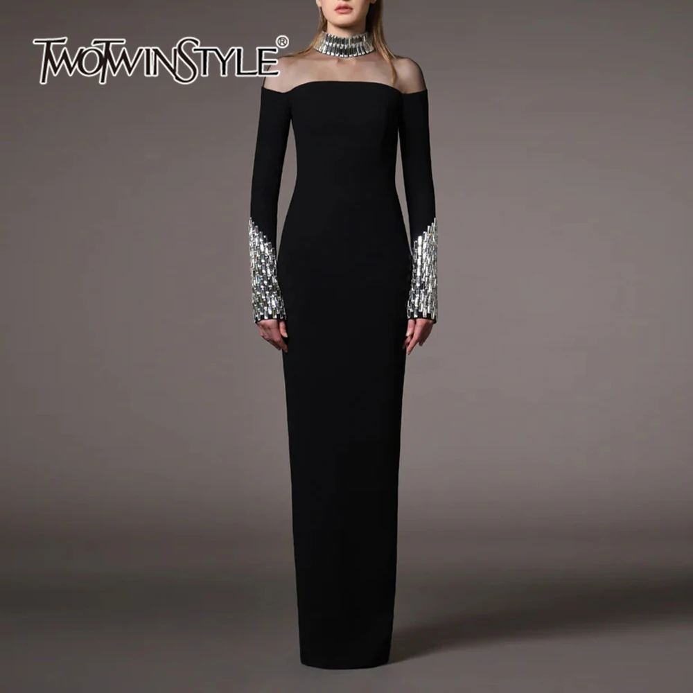TWOTWINSTYLE Formal Spliced Diamonds Dress For Women Stand Collar Long Sleeve Tunic Patchwork Mesh Chic Dresses Female KDR506080