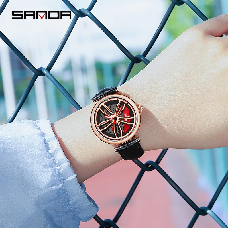SANDA Outdoor Sports Women Quartz Watches 2023 New Racing Watch 360° Rotating Dial 30M Waterproof Genuine Leather Strap Women