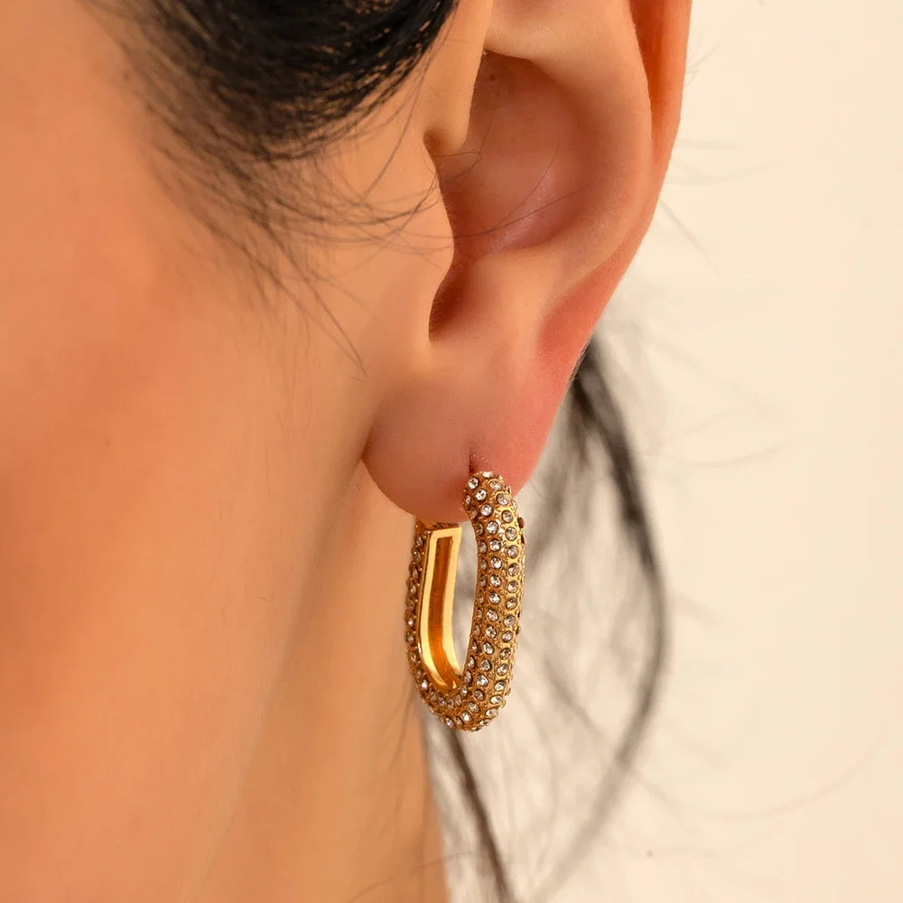 Classic U-shape Hoop Earrings Filled with Zircon Gold Plated Rust Proof Simple Huggies Versatile Daily Jewelry Wholesale Серьги