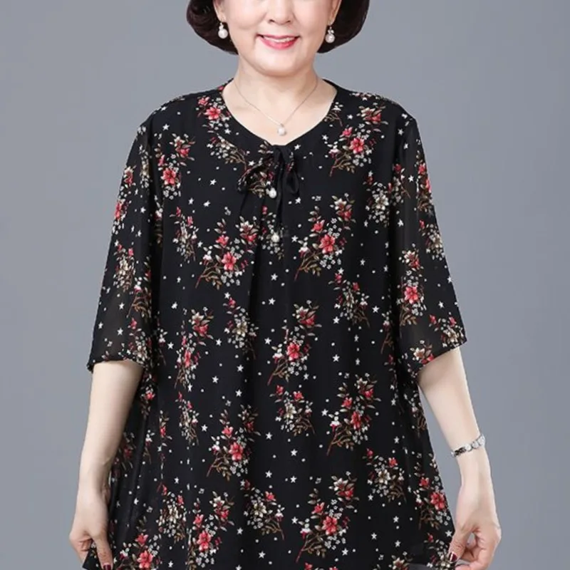 Simple Summer New Round Neck Lace Up Printed Women's Chiffon Fashion Versatile Short Sleeve Loose Medium Length T-shirt Tops