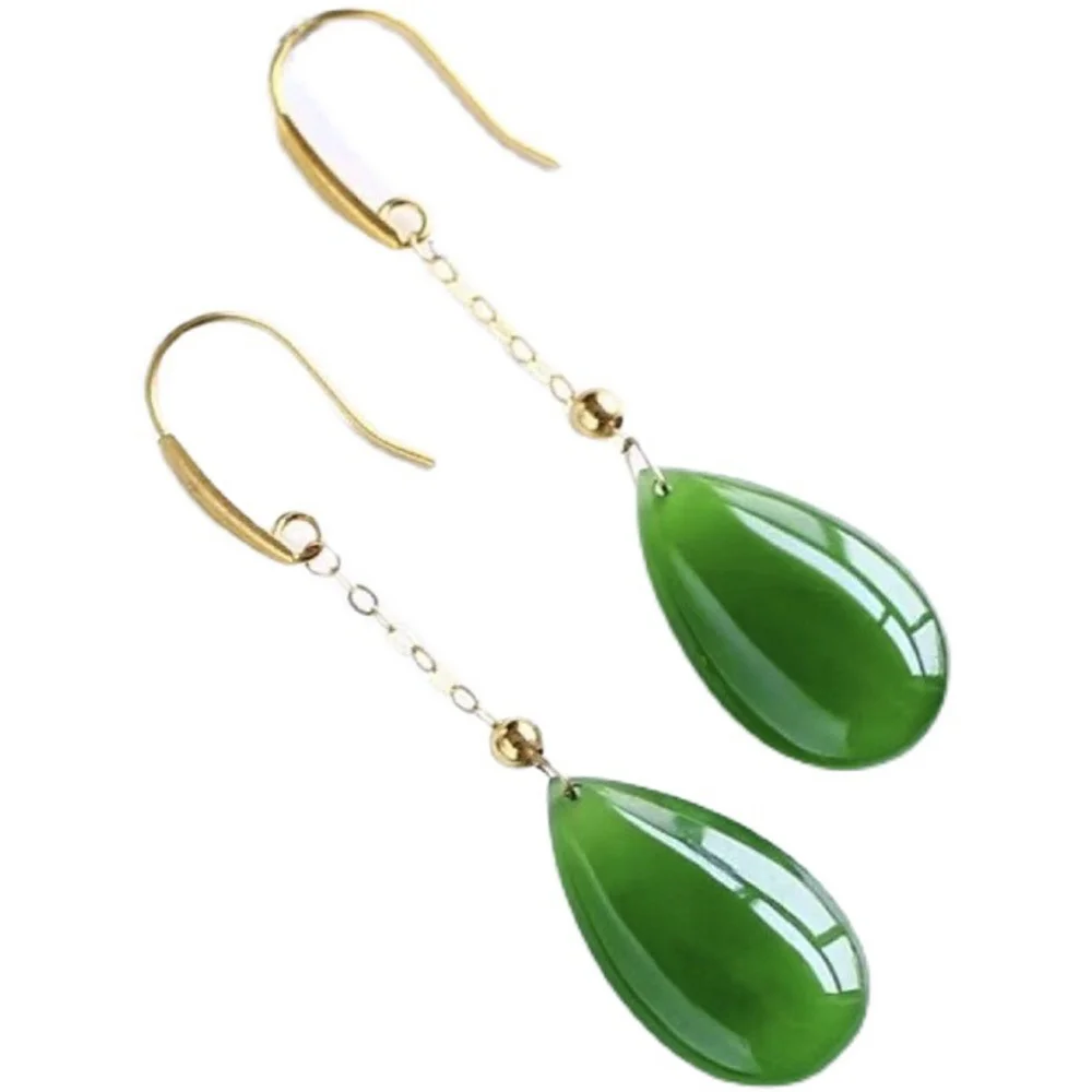 Hotan Natural Jade Water Drop Earrings 18k Gold Inlaid Fashion Earrings