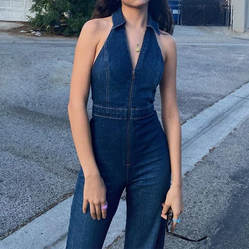 2024Fashion Sexy Women Denim Jumpsuit Slim Fit Zipper Sleeveless V-neck High Waist Jumpsuit Female Summer Street Retro Bodysuit