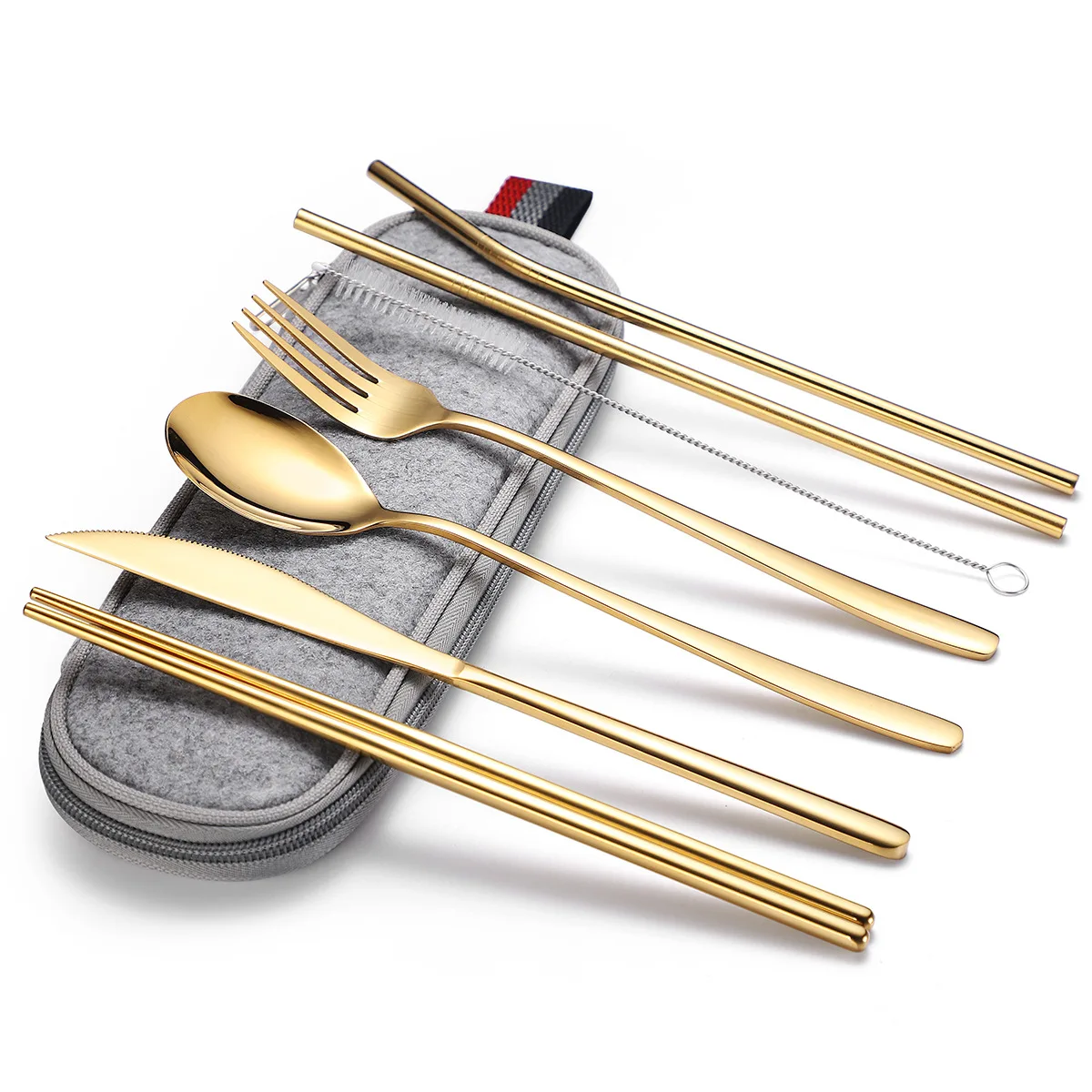 

7PCS/Set 304 Stainless Steel Knife And Fork Spoon Chopsticks Straws Portable Tableware Suit