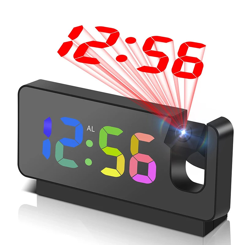 Enhanced Projection Alarm Clock with Large Color LED Display and Adjustable Ceiling/Wall Projector