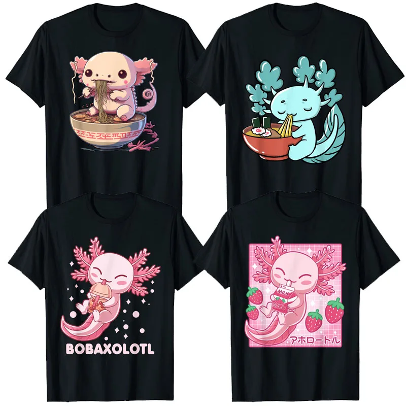 

Cute Kawaii Axolotl Eating Ramen Noodles Anime Gift Girl T-Shirt Funny Bobaxolotl Boba Tea Bubble Milk Strawberry-Milk Shake Tee