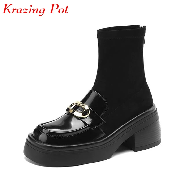 

Krazing Pot Cow Leather Flock Round Toe Thick Bottom Motorcycles Boots Platform Winter Shoes Metal Decoration Casual Ankle Boots