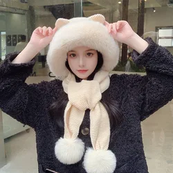 Fashion Cute Cat Ear Hat Scarf Set Winter Women Beanies Caps Thick Warm Plush Fleece Hats Casual Solid Girls Knitted Scarves