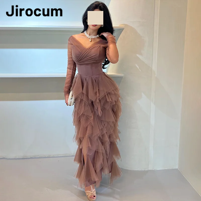 

Jirocum Women's V Neck Ball Gown Long Sleeve Tulle Party Evening Gowns Fashionable Backless Saudi 2024 Special Occasion Dress