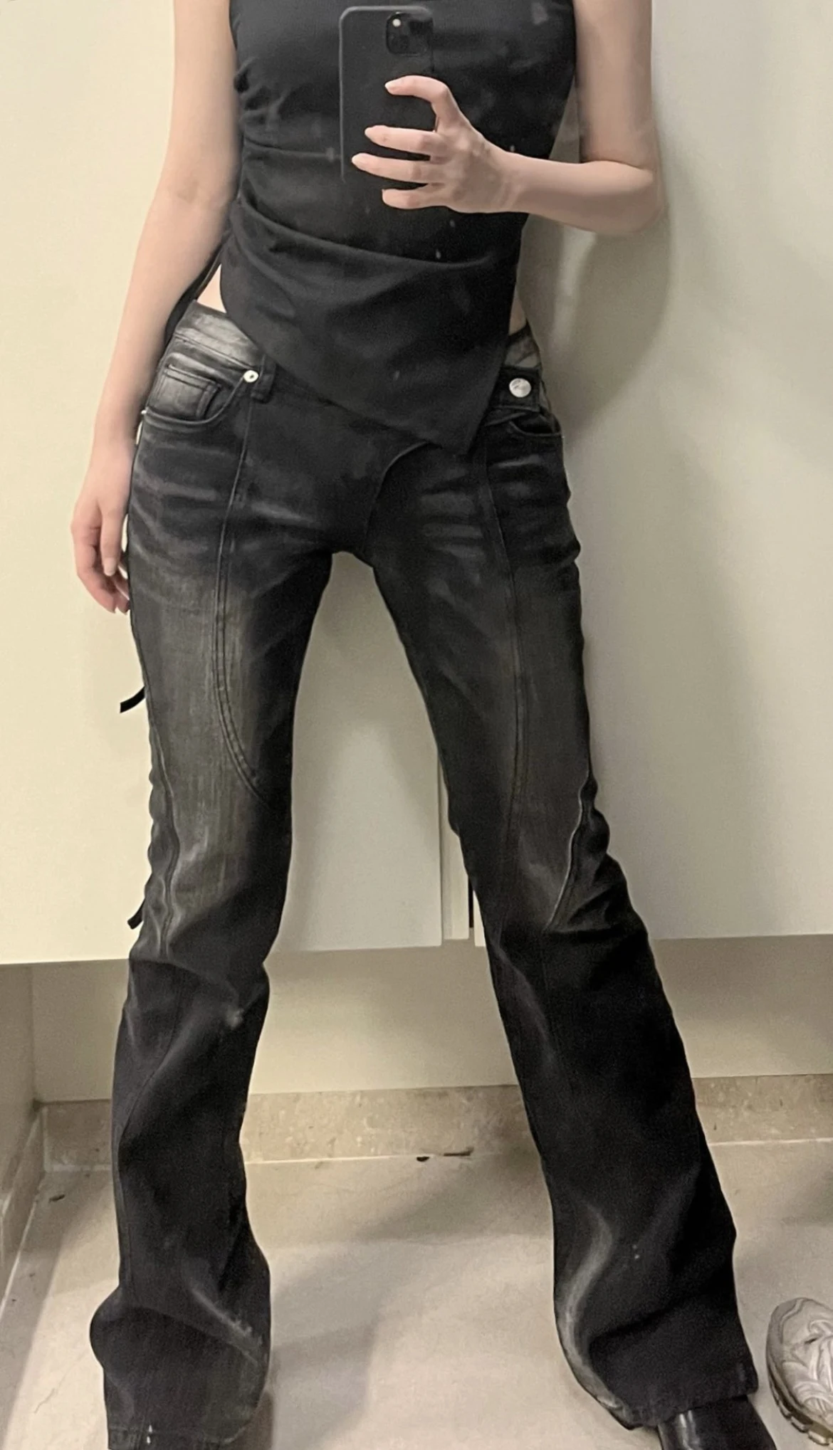 Retro Hot Girl Low Waist Black and Gray Straight Tube Baggy Jeans Casual Washed Vintage Denim Capris Trousers Female