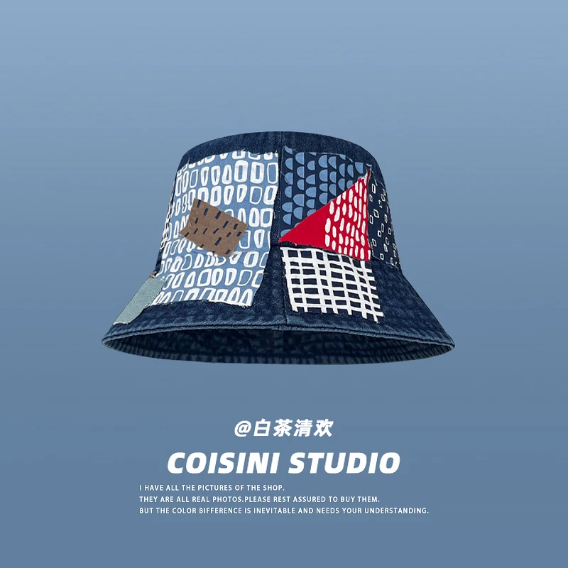 

Japanese Retro Sticker Design Denim Fisherman Hat Men and Women Summer Travel Casual Versatile Sunshade Sunscreen Bucket Hats