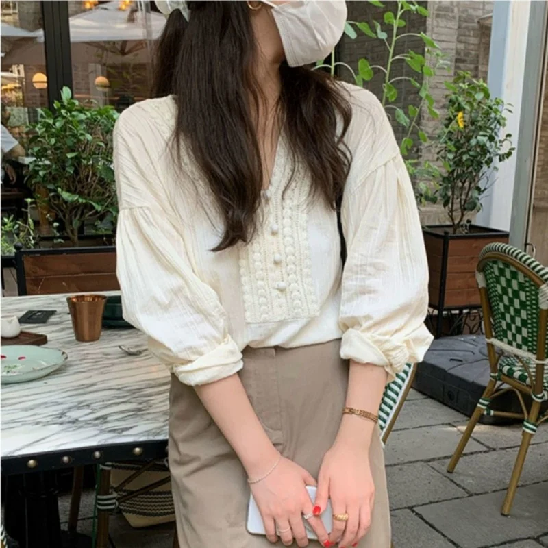 White Cotton Long Sleeve V Neck Women Blouse