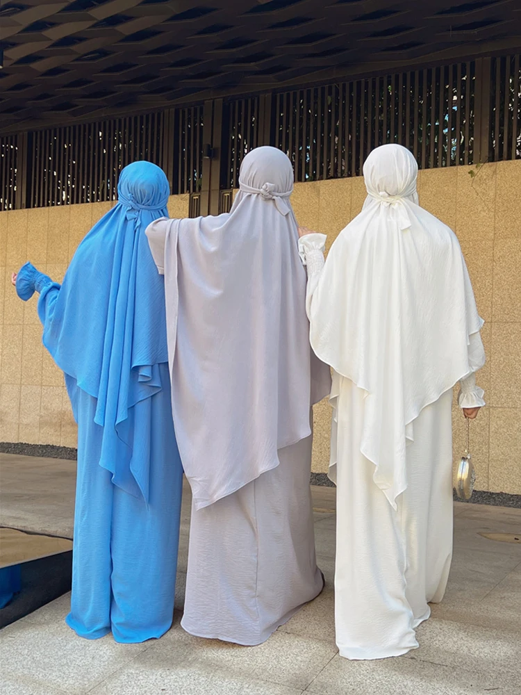 

Muslim Woman Prayer Outfit Islamic Clothing Ramadan Eid Hijab Dress Dubai Turkey Abaya with Extra Long Head Scarf Khimar New