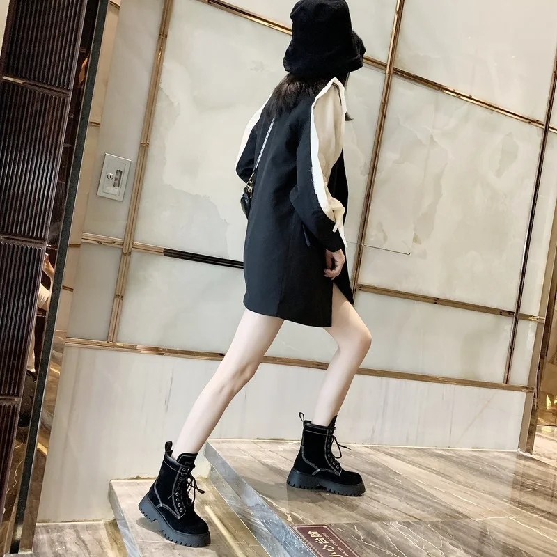 2022 Women Boots Cow Suede Leather Motorcycle Boots Lace-up Shoes Med Heel Ladies Ankle Boots Autumn Woman Shoes Botas De Mujer