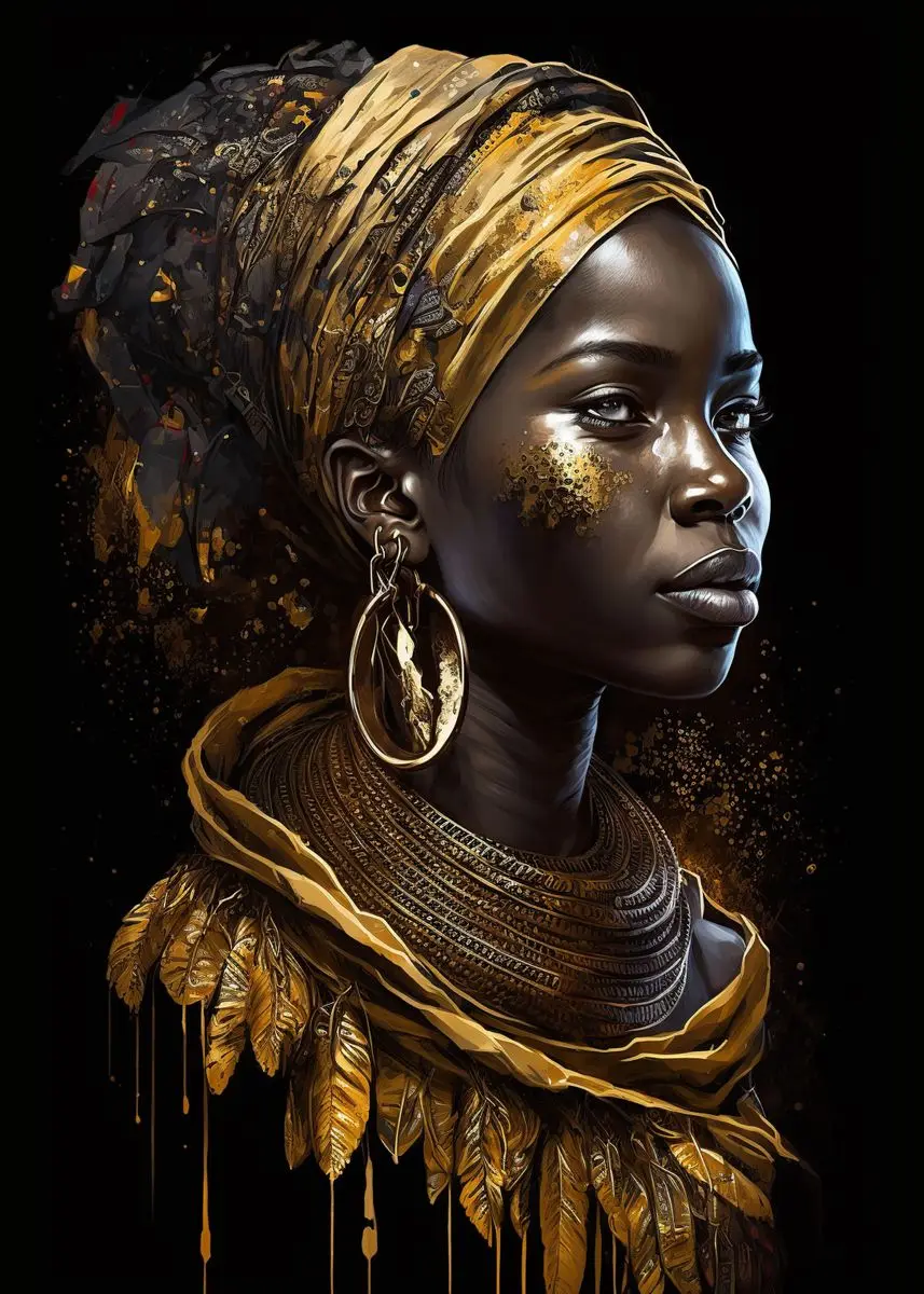 Elegant African Black and Gold Woman Portrait Canvas Art for Modern Living Room Decor