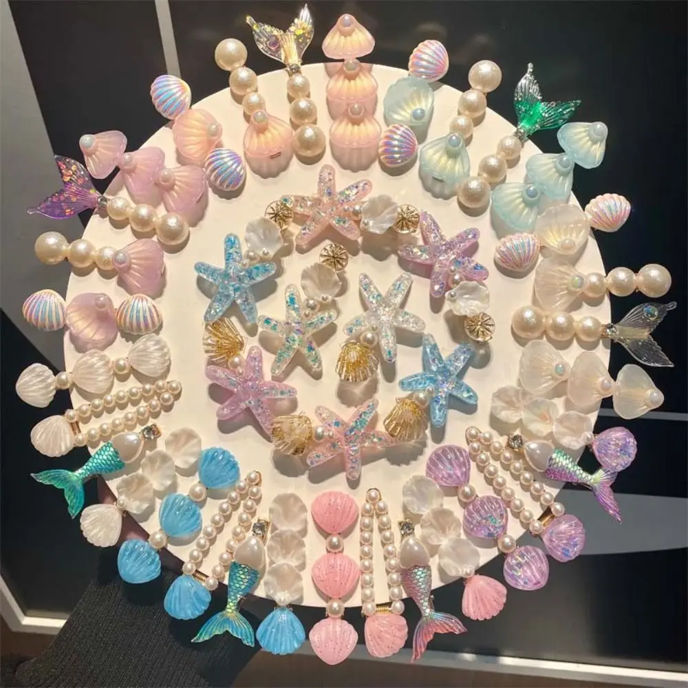 5pcs New Ocean Series Shell Starfish Hair Clips Pearl Pink Mermaid Hairpins Purple Princess Headdress Girls