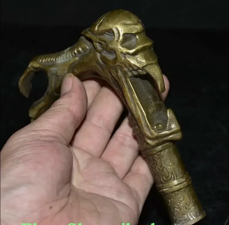 

5.6" Old China Bronze Copper Human Skeleton Skull Head Crutch Walking Stick