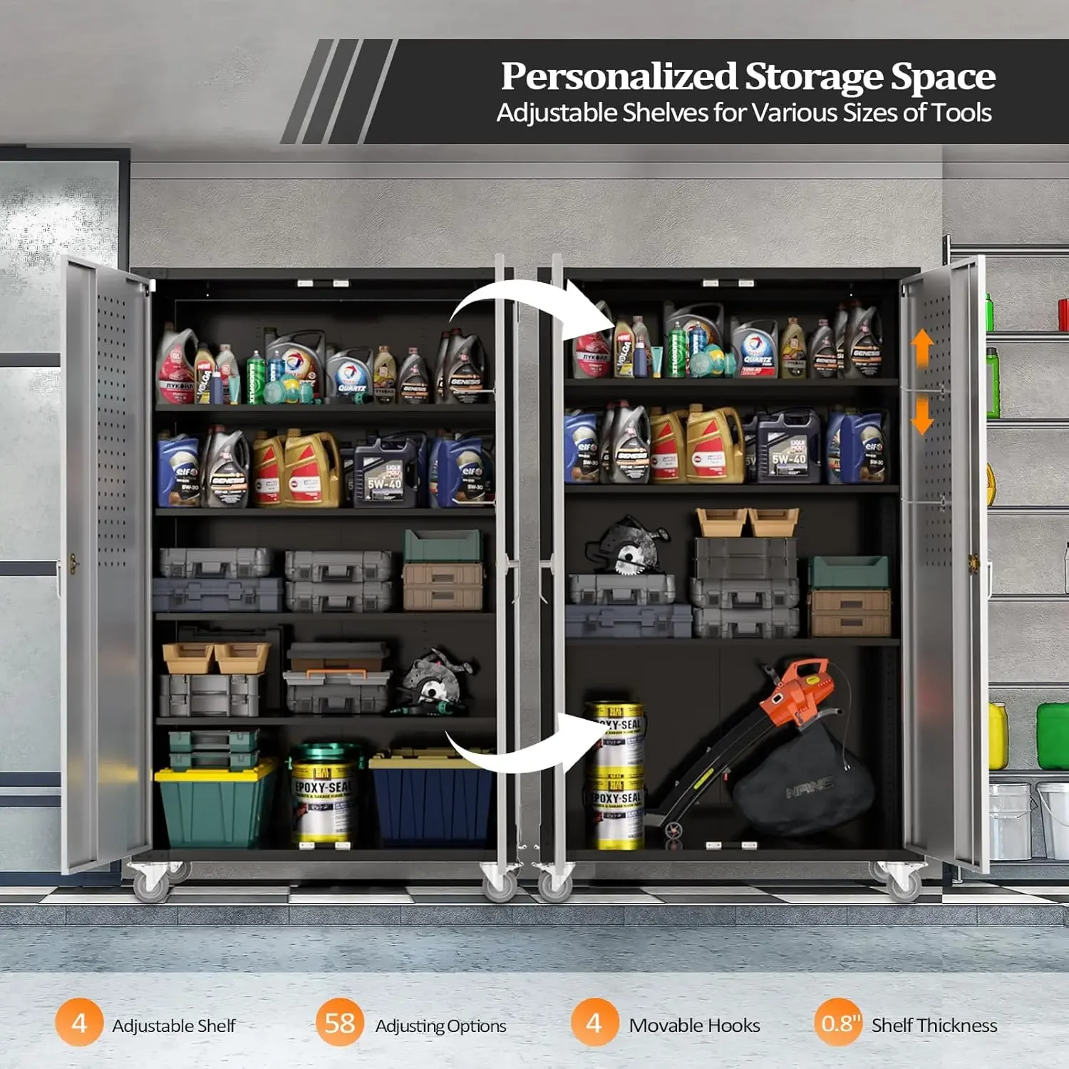 Upgraded Wide & Deep Garage Storage Cabinet Metal Storage Cabinet with Pegboards Wheels Locking Doors and Adjustable Shelves