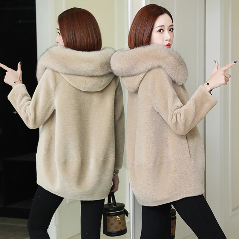 Hooded Fur Collar Faux Lambwool Furs Jackets Thicken Winter Mom's Coats Elegant Warm Women Jaqueta Loose Fleece Furry Overcoat